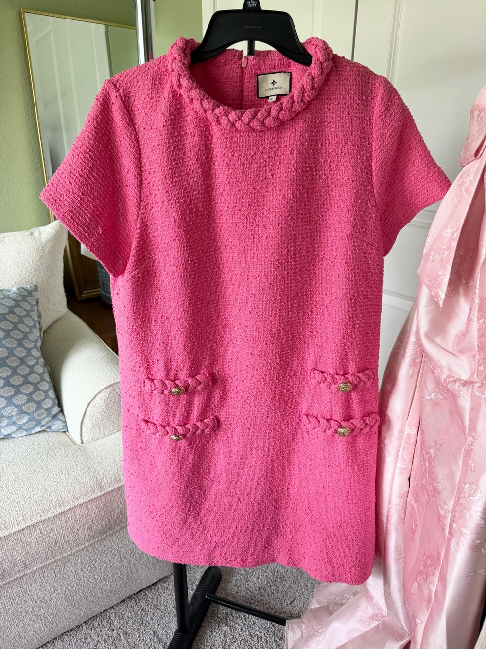 Tuckernuck Hot Pink Tweed Shift Dress with Braided Trim Jackie